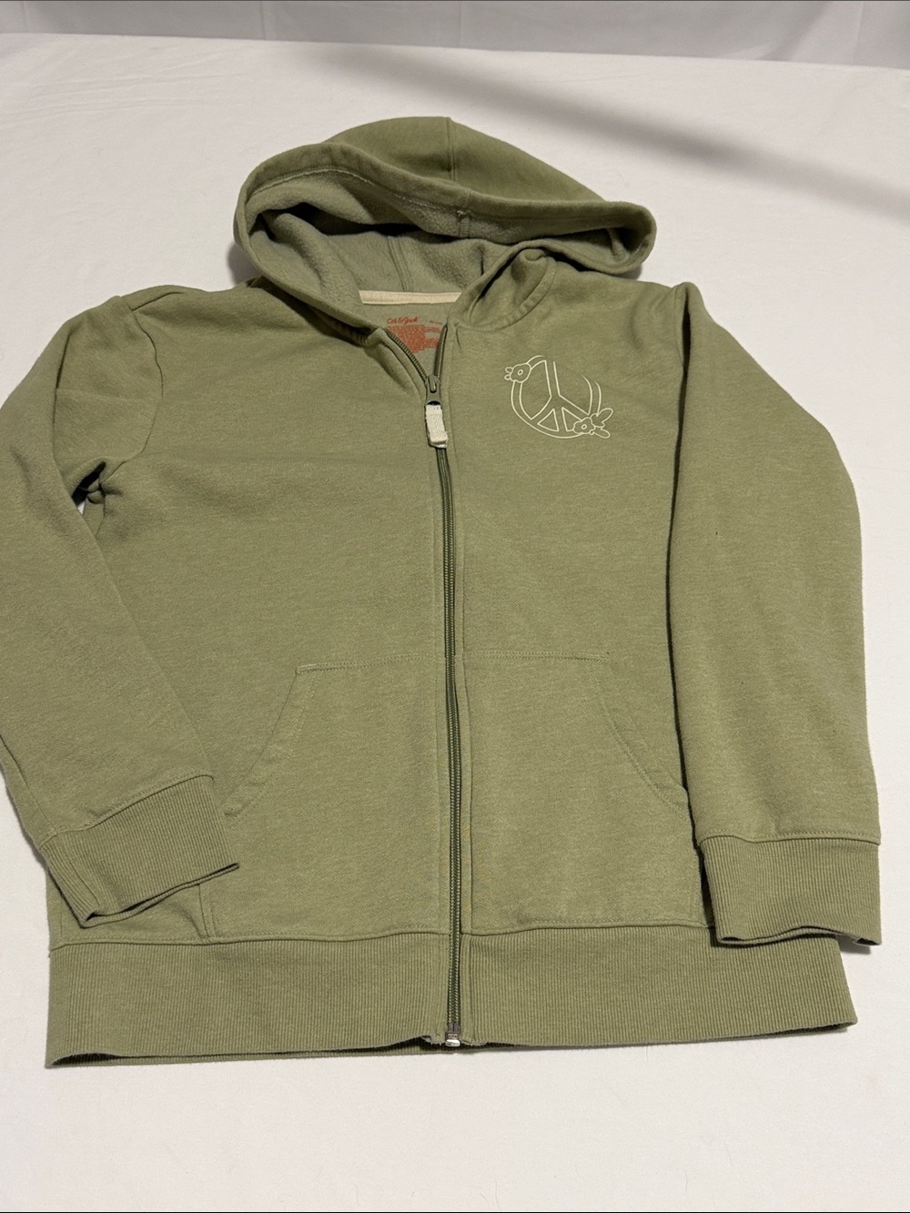 Cat & Jack Girls XL 14 Olive Green Zip-Up Hoodie with Peace Design Front/Back